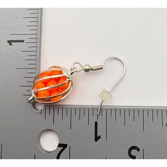 Orange Bead Dangle Earrings With Silver Wire Style Cage Retro 80s Vibrant Fun - Picture 3 of 6